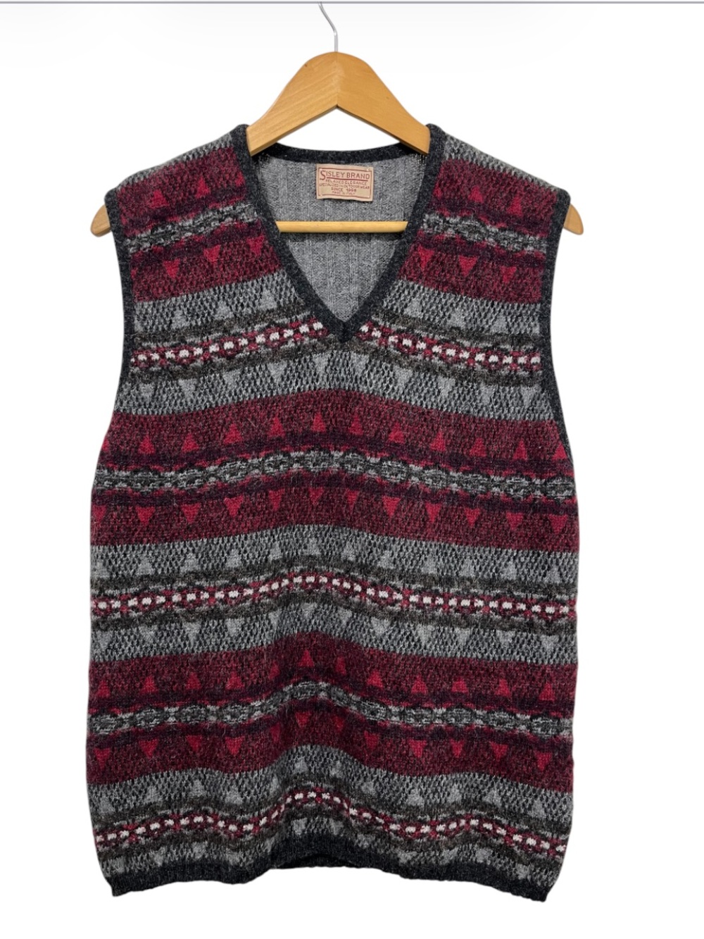 Vintage Sisley Men’s V-Neck Wool Sweater Vest in Grey & Burgundy